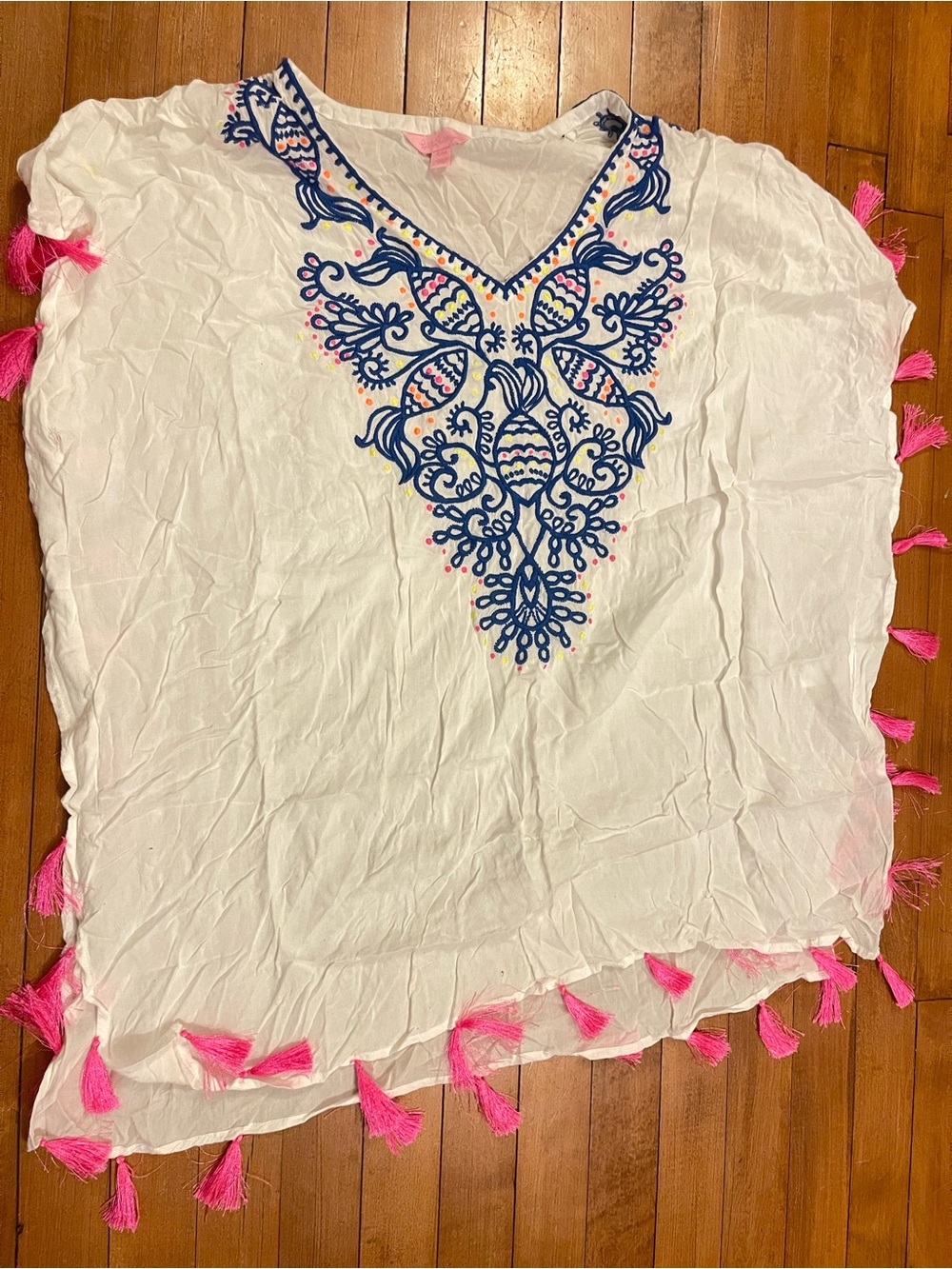 Lilly Pulitzer White Swimsuit Cover Up with Navy Embroidery and Pink Tassels